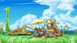  1boy 1girl animal_ears black_hair blonde_hair brown_eyes caterpillar_tracks cloud day fang flower grass green_eyes ground_vehicle hans_(pixiv_37537768) highres meadow mecha_musume military military_vehicle motor_vehicle original personification ruins scenery shirt short_hair shorts shovel sky tail tank tiger_ears tiger_i tiger_tail umbrella utility_pole 