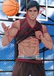  1boy abs aomine_daiki ball basketball basketball_uniform black_eyes briefs clothes_lift cloud dark-skinned_male dark_blue_hair dark_skin day grin highres kuroko_no_basuke looking_at_viewer male_focus male_underwear maorenc navel outdoors short_hair shorts sky smile solo sport sportswear teeth toned toned_male underwear 