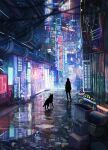  alley ambiguous_gender can city cyberpunk dog highres neon_lights original pipes power_lines puddle reason_(mark-of-the-unicorn) reflection scenery silhouette standing 