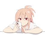  1girl akino_sora bangs cellphone closed_mouth collared_shirt eyebrows_visible_through_hair hair_between_eyes highres holding holding_phone looking_at_viewer original phone pink_hair red_eyes shirt short_sleeves simple_background solo upper_body white_background white_shirt 