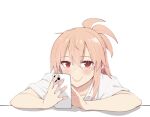  1girl akino_sora bangs blush cellphone closed_mouth collared_shirt eyebrows_visible_through_hair hair_between_eyes highres holding holding_phone looking_at_viewer original phone pink_hair red_eyes shirt short_sleeves simple_background smile solo upper_body white_background white_shirt 