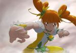  1girl bangs blunt_bangs blurry blurry_foreground bow brown_eyes brown_hair choker closed_mouth clover_earrings collarbone cure_rosetta dokidoki!_precure floating_hair flower frown fuchi_(nightmare) green_bow green_choker green_flower hair_flower hair_ornament hair_ribbon jacket long_hair looking_at_viewer precure ribbon shiny shiny_hair short_sleeves skirt solo stance tied_hair twintails two-tone_jacket two-tone_skirt v-shaped_eyebrows very_long_hair white_jacket white_skirt wrist_cuffs yellow_jacket yellow_ribbon yellow_skirt yotsuba_alice 