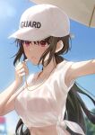  1girl arm_up armpit_peek armpits bad_id bad_twitter_id baseball_cap bikini bikini_under_clothes black_hair breasts connie_(keean2019) crop_top day hand_up hat highres holding long_hair low_ponytail midriff original outdoors parted_lips pink_eyes see-through shirt short_sleeves side-tie_shirt sidelocks small_breasts solo striped striped_bikini swimsuit upper_body wet whistle white_headwear white_shirt 
