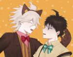  2boys :d ahoge alternate_costume animal_ears animal_hands bangs beige_shirt bow bowtie brown_hair brown_jacket closed_eyes collared_shirt commentary_request danganronpa_(series) danganronpa_2:_goodbye_despair facing_another fake_animal_ears fang from_side gloves green_bow grey_hair highres hinata_hajime jacket jecheubo komaeda_nagito looking_at_another male_focus multiple_boys open_mouth orange_background paw_gloves pink_shirt red_bow red_neckwear school_uniform shirt smile striped striped_vest tearing_up upper_body vest 