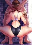  1boy 1girl ass black_swimsuit blush brown_hair competition_swimsuit cum cum_in_mouth fellatio from_behind hair_bun hetero highres idolmaster idolmaster_cinderella_girls ment one-piece_swimsuit oral pussy_juice shiny shiny_hair shiny_skin short_hair solo_focus squatting swimsuit takamori_aiko wet 