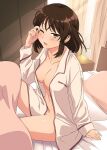  1girl bangs bed bedroom blanket blush breasts brown_hair collarbone commentary_request curtains day eyebrows_visible_through_hair hand_up highres hotaru_iori ichimi_renge indoors knee_up light_rays linea_alba long_sleeves looking_at_viewer medium_breasts medium_hair messy_hair navel on_bed one_eye_closed open_mouth open_pajamas pajamas rubbing_eyes second-party_source sitting sleepy solo split_mouth sunbeam sunlight suzumiya_haruhi suzumiya_haruhi_no_yuuutsu tears waking_up white_pajamas 