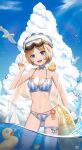  1girl :d bangs bird blonde_hair blue_eyes blue_sky bow_choker breasts choker cleavage cloud cloudy_sky commentary_request eyebrows_visible_through_hair facial_tattoo goggles goggles_on_head hat heart highres holding horizon identity_v in_water innertube looking_at_viewer midriff navel ocean open_mouth ribbon_choker rubber_duck seagull short_hair sidelocks sky smile solo tattoo tracy_reznik v yuxing_yuhang 