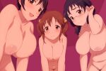  3girls adjusting_hair asano_fuuka assertive_female black_hair blush breasts brown_eyes brown_hair cleavage closed_mouth commission eyebrows_visible_through_hair glasses hair_bobbles hair_ornament hair_tucking hanging_breasts highres huge_breasts idolmaster idolmaster_cinderella_girls inverted_nipples large_breasts looking_at_viewer multiple_girls navel nipples nude oikawa_shizuku open_mouth pole_(ppp1409) pubic_hair short_hair short_twintails simple_background skeb_commission smile take_your_pick totoki_airi twintails 