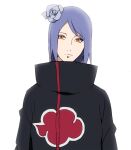  1girl akatsuki_(naruto) akatsuki_uniform blue_eyeshadow blue_hair closed_mouth coat eyeshadow flower hair_flower hair_ornament high_collar konan_(naruto) labret_piercing light_smile looking_at_viewer makeup naruto_(series) naruto_shippuuden orange_eyes short_hair simple_background solo soyaka upper_body white_background 