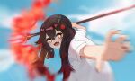  1girl :d bangs bent_over black_hair blurry commentary_request depth_of_field eyebrows_visible_through_hair figure flower genshin_impact hair_between_eyes hair_flower hair_ornament highres holding holding_polearm holding_spear holding_weapon hu_tao_(genshin_impact) ldd.ek long_hair looking_at_viewer open_mouth oversized_clothes pepe_punch_(meme) polearm red_eyes shirt short_sleeves sidelocks smile solo spear symbol-shaped_pupils t-shirt trident weapon white_shirt younger 