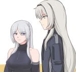  2girls ak-15_(girls&#039;_frontline) an-94_(girls&#039;_frontline) bare_shoulders black_jacket blue_eyes breasts collarbone commentary eyebrows_visible_through_hair eyes_visible_through_hair flat_chest girls&#039;_frontline grey_hair hair_over_one_eye hairband jacket large_breasts long_hair looking_at_another meme multiple_girls pectoral_envy_(meme) purple_eyes selby sidelocks sleeveless upper_body white_background 