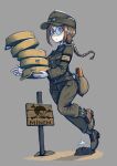  1girl armband belt belt_buckle blue_eyes bomb braid braided_ponytail breast_pocket brown_belt buckle buttons canteen dropping epaulettes erica_(naze1940) explosive gaiters germany glasses hat highres imminent_death light_brown_hair long_hair m43_field_cap military military_hat military_uniform mine_(weapon) original pocket rock shoes sidelocks sign single_braid soldier solo tripping uniform warning_sign weapon wide-eyed world_war_ii 