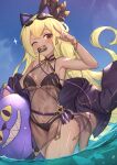  1girl animal_ears arm_up armpits bangs bikini black_bikini black_dress black_jacket blonde_hair blue_sky blush bracelet braid breasts cat_ears cloud collarbone commentary_request dark-skinned_female dark_skin dress eyebrows_visible_through_hair goggles goggles_on_head granblue_fantasy hair_ribbon helel_ben_shalem highres inflatable_toy jacket jewelry long_hair looking_at_viewer medium_breasts navel one_eye_closed pacifier red_eyes ribbon salute see-through sky solo standing swimsuit tattoo thighs uneg very_long_hair wading water wet wet_clothes 
