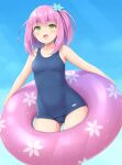 1girl :d blue_swimsuit breasts commentary_request covered_navel cowboy_shot green_eyes innertube old_school_swimsuit one_side_up open_mouth original pink_hair sasaame school_swimsuit small_breasts smile solo swimsuit 