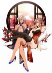  2girls absurdres amazuki_jou arm_strap azur_lane bangs black_legwear blue_dress blue_footwear braid breasts china_dress chinese_clothes cleavage cleavage_cutout clothing_cutout commentary_request criss-cross_halter crossed_legs cup dark-skinned_female dark_skin dress drink drinking earrings feather_boa flower french_braid fur_scarf hair_bun halterneck hand_on_another&#039;s_leg head_tilt high_heels highres holding holding_another&#039;s_foot holding_cup jean_bart_(azur_lane) jewelry large_breasts legs light_brown_hair long_hair looking_at_another massachusetts_(azur_lane) medium_breasts medium_dress multiple_girls open_mouth parted_bangs red_dress red_eyes red_flower red_footwear ring round_window shoe_dangle side_slit silver_hair smile thigh_strap thighhighs wedding_band window yuri 