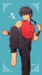  1boy aqua_background artist_name bare_shoulders barefoot black_hair black_pants bracer braid character_name chinese_clothes fighting_stance frog_button full_body highres kdc_(tamaco333) knee_up looking_afar looking_ahead male_focus pants ranma_1/2 red_shirt saotome_ranma shirt signature single_braid sleeveless solo standing standing_on_one_leg tangzhuang translated 
