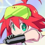  1girl ahoge closed_mouth elbow_gloves gloves green_eyes haruyama_kazunori looking_at_viewer lowres red_hair shooting_glasses short_hair smile solo trigger-chan trigger_(company) uchuu_patrol_luluco 