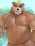  1boy abs animal_ears ashigara_(tokyo_houkago_summoners) bandaid bandaid_on_cheek bara bear_boy bear_ears belly blush brown_fur chest_hair completely_nude facial_hair fat fat_man fuga9 furry furry_male goatee green_hair groin large_pectorals leg_hair looking_at_viewer male_focus mature_male muscular muscular_male navel navel_hair nipples nude one_eye_closed out-of-frame_censoring pectorals plump short_hair solo stomach thick_eyebrows tokyo_houkago_summoners 