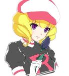  1girl akino_subaru blonde_hair closed_mouth commentary_request domino_(pokemon) drill_hair eyebrows_visible_through_hair flower gloves hat holding holding_flower lips pokemon pokemon_(anime) pokemon_(classic_anime) purple_eyes short_hair simple_background sketch solo team_rocket team_rocket_uniform tulip upper_body white_background white_gloves 