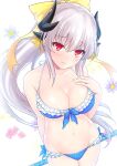  1girl akino_subaru bikini blue_bikini blue_bow blush bow breasts commentary cowboy_shot duplicate eyebrows_visible_through_hair fate/grand_order fate_(series) flower hair_ribbon highres horns kiyohime_(fate) kiyohime_(swimsuit_lancer)_(fate) large_breasts long_hair looking_at_viewer pixel-perfect_duplicate ponytail red_eyes ribbon sidelocks silver_hair smile solo swimsuit yellow_ribbon 