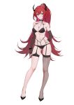  1girl alternate_costume arknights ass_visible_through_thighs choker diaodiao hair_ornament highres horns jewelry long_hair looking_at_viewer navel necklace orange_eyes pantyhose ponytail red_hair red_nails simple_background slit_pupils solo surtr_(arknights) swimsuit thigh_gap white_background 