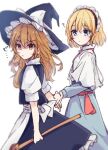  2girls ? alice_margatroid aoi_(annbi) apron bangs belt black_dress black_headwear blonde_hair blue_dress blue_eyes bow broom cape closed_mouth dress eyebrows_visible_through_hair frills hair_between_eyes hair_bow hairband hand_up hands_together hat hat_bow kirisame_marisa long_hair long_sleeves looking_at_another looking_to_the_side multiple_girls puffy_short_sleeves puffy_sleeves red_belt red_bow red_hairband red_neckwear shaded_face shirt short_hair short_sleeves simple_background touhou white_apron white_background white_bow white_cape white_shirt witch_hat yellow_eyes 