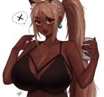  1girl absurdres animal_ear_fluff animal_ears babydoll black_babydoll black_nails blush borrowed_character breasts brown_lips cat_ears cat_girl cleavage dark-skinned_female dark_skin earrings english_commentary fingernails highres holding holding_phone huge_breasts jewelry lace_trim light_brown_hair long_hair looking_at_viewer mismatched_eyebrows mole mole_under_eye open_mouth original phone ponytail ponytail_cat_girl_(kevbot) red_eyes see-through solo spaghetti_strap spoken_x sren244 sweat upper_body upper_teeth very_dark_skin very_long_hair white_background 