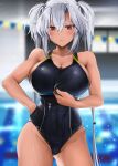  1girl absurdres adjusting_clothes adjusting_swimsuit ass_visible_through_thighs bangs black_swimsuit blurry blurry_background blush breasts cleavage closed_mouth collarbone cowboy_shot dark-skinned_female dark_skin eyebrows_visible_through_hair frown hair_between_eyes highres huge_breasts kantai_collection long_hair looking_at_viewer musashi_(kancolle) one-piece_swimsuit pool red_eyes solo swimsuit twintails upper_body very_long_hair wet wet_clothes wet_swimsuit white_hair yunamaro 