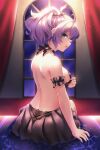  1girl :d arm_at_side arm_garter azur_lane backless_dress backless_outfit bare_back bare_shoulders black_choker black_dress breasts choker dress from_behind green_eyes highres indoors javelin_(azur_lane) light looking_at_viewer looking_back neit_ni_sei open_mouth ponytail purple_hair short_hair short_ponytail sideboob sitting small_breasts smile solo teasing window 
