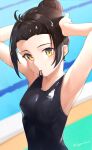  1girl absurdres armpits arms_up bare_arms bare_shoulders black_swimsuit blush breasts brown_hair closed_mouth competition_swimsuit forehead hair_bun hair_tie highres looking_at_viewer mouth_hold one-piece_swimsuit original pool short_hair signature small_breasts solo swimsuit twitter_username tying_hair vegetablenabe wet wet_clothes wet_swimsuit yellow_eyes 