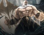  1boy abs bald bara bare_pectorals beard black_pants braum_(league_of_legends) cape chest_harness facial_hair fighting_stance harness holding holding_weapon jang_ju_hyeon large_pectorals league_of_legends looking_to_the_side male_focus mature_male muscular muscular_male mustache navel nipples old old_man pants pectorals rope shirtless short_hair solo stomach thick_thighs thighs tight tight_pants weapon white_cape 