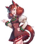  1girl animal_ears breasts brown_eyes cleavage commentary_request hair_ornament highres horse_ears horse_girl horse_tail looking_at_viewer medium_hair nice_nature_(umamusume) open_mouth red_hair revision short_hair short_twintails solo tail twintails umamusume umipro white_background 