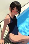  1girl absurdres arm_support bangs bare_arms bare_shoulders black_hair black_swimsuit blush brown_eyes closed_mouth collarbone eyebrows_visible_through_hair feet_out_of_frame head_tilt highres looking_at_viewer matsunaga_kouyou nose_blush one-piece_swimsuit original smile solo swim_cap swim_cap_removed swimsuit water 