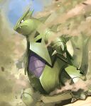  black_eyes bright_pupils claws closed_mouth commentary_request fangs frown gen_2_pokemon no_humans pokemon pokemon_(creature) sandstorm solo standing tesshii_(riza4828) tyranitar white_pupils 
