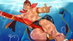  1boy abs air_bubble bara beckoning between_thighs bubble bulge bulge_press dark-skinned_male dark_skin facial_hair from_below goatee gyee itto_(mentaiko) kong_(gyee) long_sideburns looking_at_viewer male_focus mature_male muscular muscular_male nipples orange_hair pectorals revealing_clothes ruyi_jingu_bang short_hair sideburns smile smug solo stomach stubble thick_thighs thighs underwater 