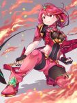  1girl absurdres aegis_sword_(xenoblade) bangs black_gloves breasts chest_jewel earrings fingerless_gloves gloves highres hiruclimbing jewelry large_breasts pantyhose pyra_(xenoblade) red_eyes red_hair red_legwear red_shorts short_hair short_shorts shorts solo super_smash_bros. swept_bangs sword thighhighs tiara weapon xenoblade_chronicles_(series) xenoblade_chronicles_2 