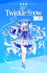  1girl 2017 :d bangs blue_background blue_bow blue_dress blue_eyes blue_footwear blue_gloves blue_hair blue_theme bow commentary detached_sleeves dress earrings fingerless_gloves footwear_ribbon full_body gloves hair_bow hair_ornament hatsune_miku highres holding holding_wand jewelry korean_text long_hair open_mouth ringi smile solo star_(symbol) star_earrings star_hair_ornament striped striped_bow thigh_bow thigh_strap twintails very_long_hair vocaloid wand yuki_miku yuki_miku_(2017) 