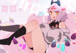  1girl animal_ears commentary_request cow_ears cow_girl cow_horns hair_ornament horns indie_virtual_youtuber medium_hair no_shoes off-shoulder_sweater off_shoulder open_mouth orange_eyes pekeko_(pepekekeko) pekeko_(vtuber) pink_hair solo sweater virtual_youtuber 