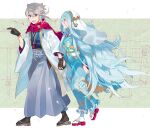  1boy 1girl aisutabetao azura_(fire_emblem) black_gloves blue_hair corrin_(fire_emblem) corrin_(fire_emblem)_(male) couple eye_contact fire_emblem fire_emblem_fates full_body gloves headdress hetero highres holding_hands husband_and_wife japanese_clothes kimono long_hair looking_at_another manakete new_year platinum_blonde_hair pointy_ears red_eyes scarf smile tabi textless very_long_hair yellow_eyes yukata 