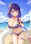  1girl arus beach beach_towel bikini blue_sky blush bottle braid breasts chinese_commentary cleavage cloud commentary_request day genshin_impact hair_ornament highres holding holding_bottle innertube large_breasts leaning_forward long_hair mixed-language_commentary mole mole_under_eye nail_polish navel ocean outdoors parted_lips partial_commentary purple_bikini purple_eyes purple_hair purple_nails raiden_shogun single_braid sky solo swimsuit thigh_strap thighs towel very_long_hair vision_(genshin_impact) 
