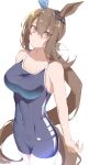  1girl absurdres admire_vega_(umamusume) animal_ears bare_arms bare_shoulders blue_swimsuit breasts brown_eyes closed_mouth competition_school_swimsuit cowboy_shot e_sky_rugo ear_covers hair_between_eyes highres horse_ears horse_tail large_breasts long_hair looking_at_viewer one-piece_swimsuit ponytail simple_background solo standing swimsuit tail umamusume very_long_hair white_background 