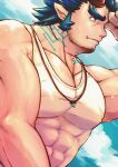  1boy bara covered_abs covered_nipples dark_blue_hair demon_boy demon_horns facial_hair fang fuku_suke696 hand_on_own_face horns jewelry large_pectorals long_sideburns male_cleavage male_focus mature_male muscular muscular_male necklace pectorals shirt short_hair sideburns sidepec solo stubble sweat takemaru_(tokyo_houkago_summoners) tank_top thick_eyebrows tokyo_houkago_summoners upper_body wet wet_clothes wet_shirt white_tank_top 
