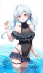  1girl absurdres amane_kanata axolotl axolotl_(minecraft) bangs bare_shoulders black_swimsuit blue_hair blush casual_one-piece_swimsuit collarbone cowboy_shot eyebrows_visible_through_hair frilled_swimsuit frills hair_ornament hair_rings hairclip hand_up highres hololive kabedoru long_hair looking_at_viewer low_twintails multicolored_hair one-piece_swimsuit parted_lips purple_eyes silver_hair simple_background smile solo sparkle swimsuit twintails two-tone_hair virtual_youtuber wading water white_background 