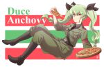  1girl anchovy_(girls_und_panzer) anzio_military_uniform artist_name bangs belt black_belt black_footwear black_neckwear black_ribbon black_shirt boots character_name cheese_trail closed_mouth commentary dress_shirt drill_hair eating eyebrows_visible_through_hair floating food girls_und_panzer green_hair grey_pants hair_ribbon highres holding holding_tray jacket knee_boots long_hair long_sleeves looking_at_viewer military military_uniform necktie pants pizza pizza_slice red_eyes ribbon sam_browne_belt shao_(newton) shirt signature smile solo tray twin_drills twintails uniform wing_collar 