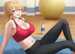  1girl ;d arm_support artist_name ball bare_shoulders black_pants blonde_hair blue_eyes blush bottle breasts cleavage commentary_request feet_out_of_frame from_side knees_up large_breasts leaning_back long_hair looking_at_viewer looking_to_the_side lying mole mole_above_eye mole_on_breast navel nhaliz on_back one_eye_closed open_mouth original pants ponytail sidelocks signature sitting smile solo strap_gap sweat upper_teeth water_bottle wooden_floor yoga_pants 
