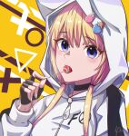  1girl absurdres artist_request black_choker blonde_hair candy choker circle eating eyebrows_visible_through_hair fang fingerless_gloves fingernails food fox_tail gloves grand_(pixiv) hair_between_eyes hair_ornament hairclip hands_in_pockets highres hood hoodie ice_cream_cone ice_cream_cone_on_head jacket kemono_jihen kon_(kemono_jihen) lollipop long_fingernails long_hair long_sleeves looking_at_viewer low_twintails signature solo tail triangle twintails x yellow_background 