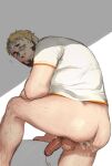  1boy armpit_hair ass ass_hair bara barry_goodman beard blonde_hair blue_eyes bottomless brown_hair cum cum_in_ass cum_on_body cum_on_boy cum_string ejaculation erection facial_hair feet_out_of_frame fire_emblem foreskin green_eyes headband highres implied_yaoi leaning_forward leg_hair looking_at_viewer looking_back male_focus male_pubic_hair mature_male multicolored_hair muscular muscular_male naked_shirt penis philipposole pubic_hair shirt short_hair solo thighs tokyo_mirage_sessions_fe two-tone_hair uncensored 