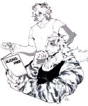  2boys absurdres animal_ears arknights bara black_tank_top book casual chain_necklace contemporary cookie couple dog_boy dog_ears finger_to_own_chin food furry furry_male furry_with_furry greyscale highres holding holding_book horns hung_(arknights) male_cleavage male_focus monochrome mountain_(arknights) multiple_boys muscular muscular_male open_book p2yong pants pectorals reading scar scar_across_eye shirt short_hair sidepec single_horn smile tank_top tiger_boy tiger_ears white_fur white_hair white_pants white_shirt yaoi 