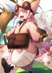  bag baggy_pants bandages buttons closed_eyes eyebrows_visible_through_hair fate/grand_order fate_(series) habetrot_(fate) hat herigaru_(fvgyvr000) highres kingprotea_(fate) long_hair pants pink_hair pointy_ears satchel sewing smile staff wiping_sweat 