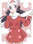 1girl :o beanie black_hair blush border bright_pupils coat commentary_request dawn_(pokemon) eyelashes grey_eyes hair_ornament hairclip hands_up hat highres long_hair long_sleeves open_mouth outside_border pokemon pokemon_(game) pokemon_dppt pokemon_platinum red_coat scarf solo takoyaki_(stelmo) white_border white_headwear white_pupils white_scarf 